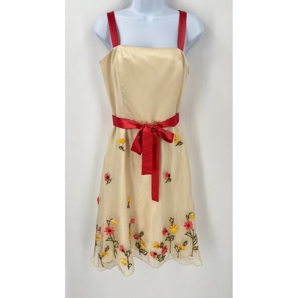 Spenser Jeremy Embroidered Chiffon Tea Dress Size 6 Floral Satin Ribbon Belt - Picture 1 of 9